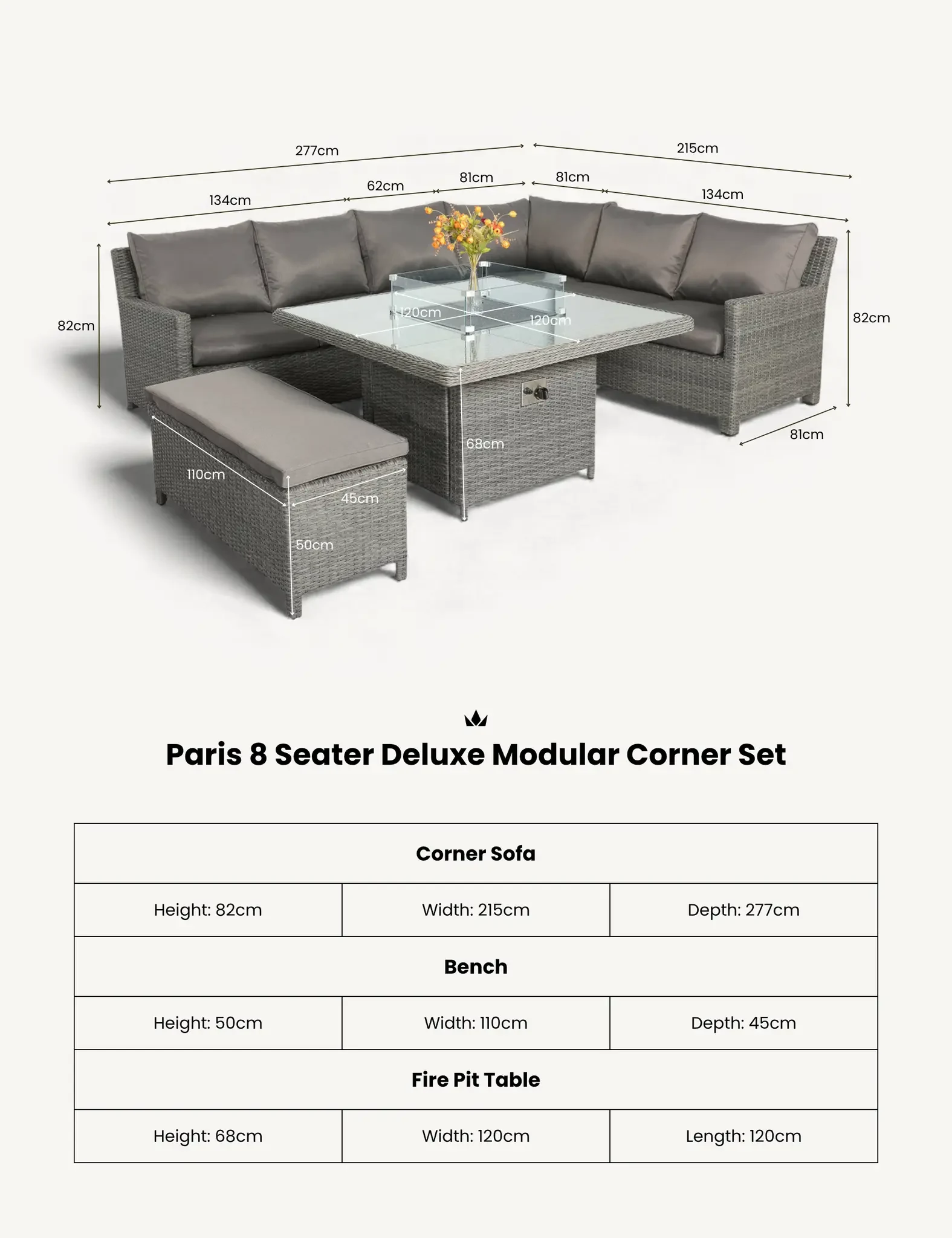 Paris 8 Seater Deluxe Modular Corner Dining & Lounging Set -with Square Fire Pit Table - Outdoor, photo 4 of 6