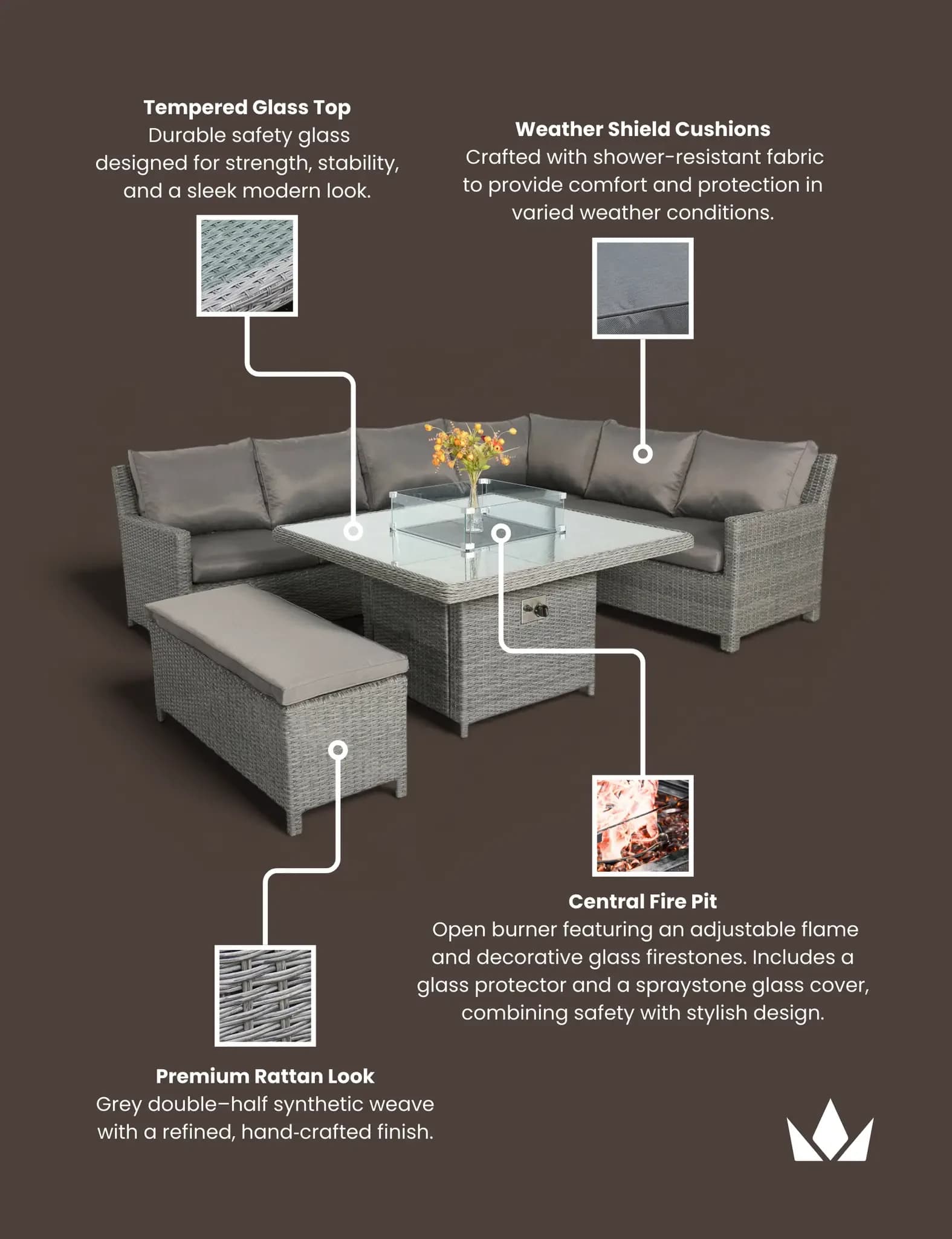 Paris 8 Seater Deluxe Modular Corner Dining & Lounging Set -with Square Fire Pit Table - Outdoor, photo 3 of 6