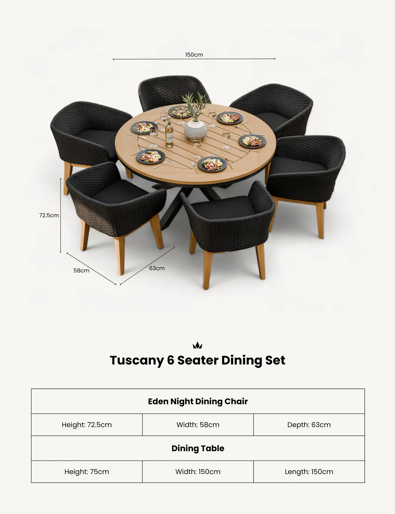 Tuscany 6 Seater Round Dining Set with Eden Night Dining Chairs - Outdoor, photo 6 of 6