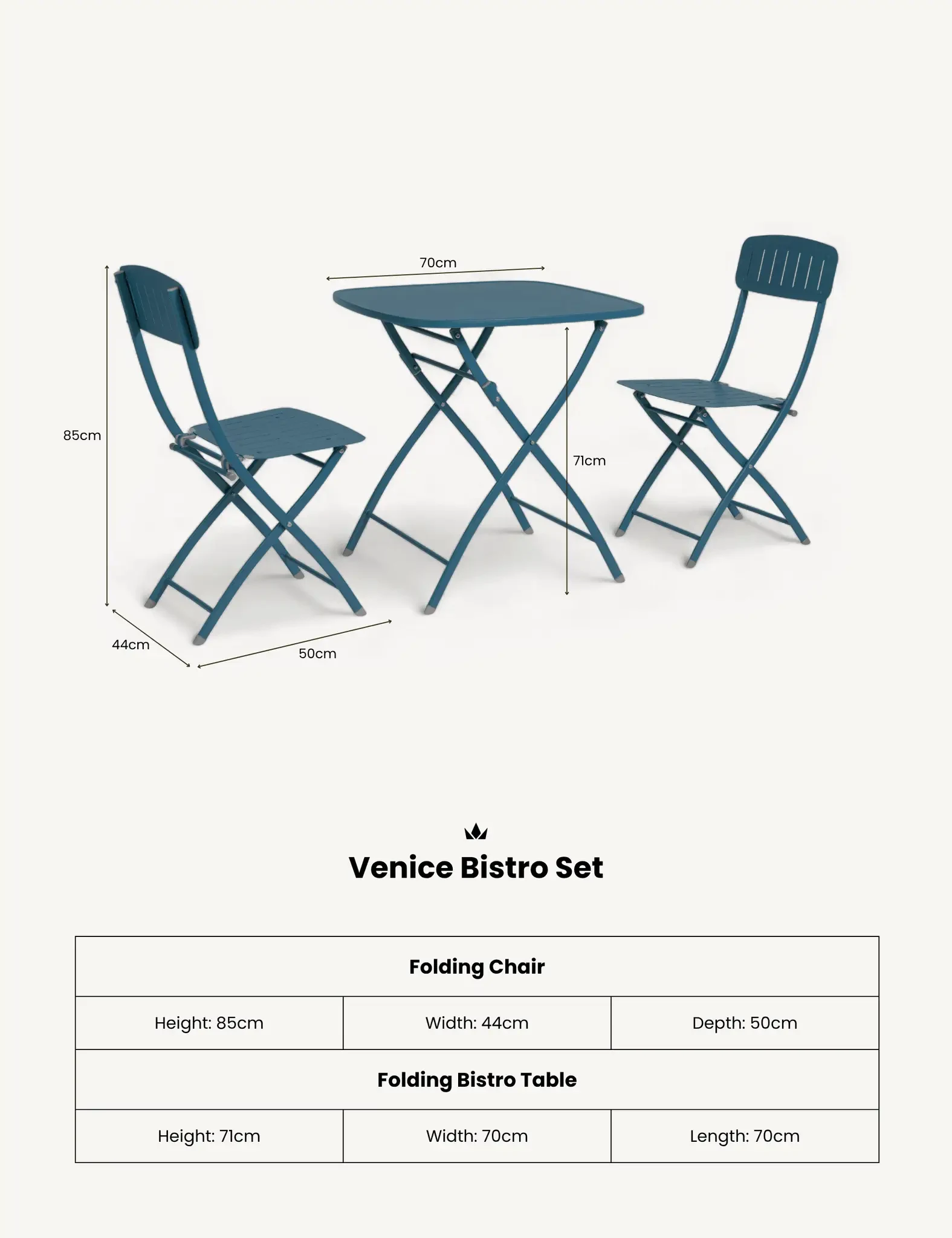 Venice 2 Seater Folding Bistro Set in Caribbean Blue - Outdoor, photo 4 of 5