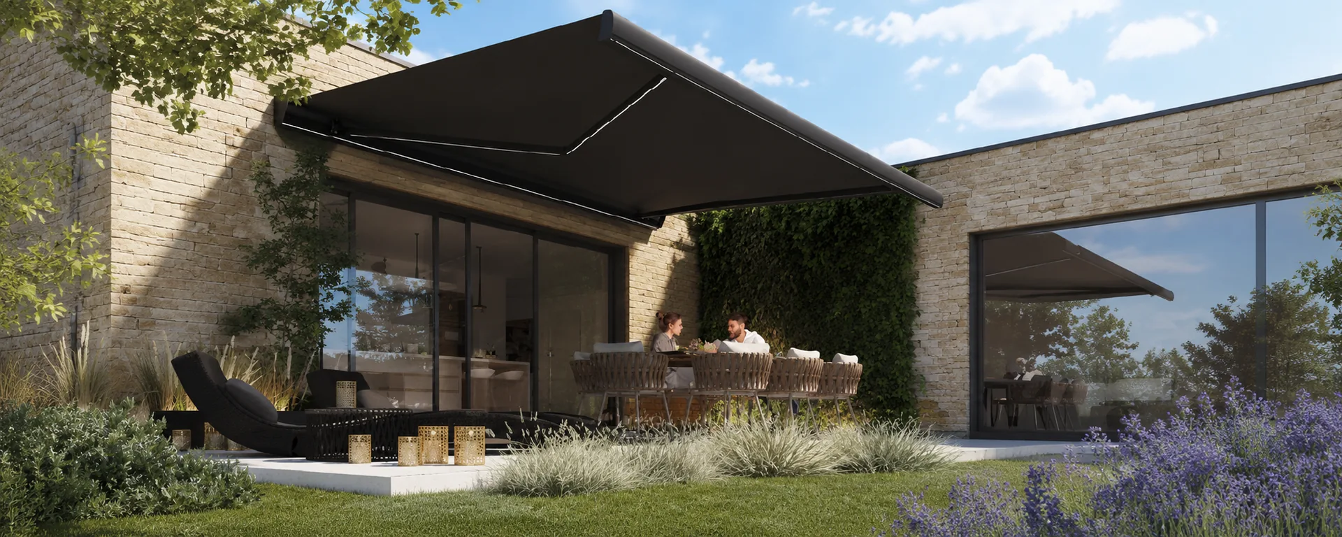 Patio awning over an outdoor seating area
