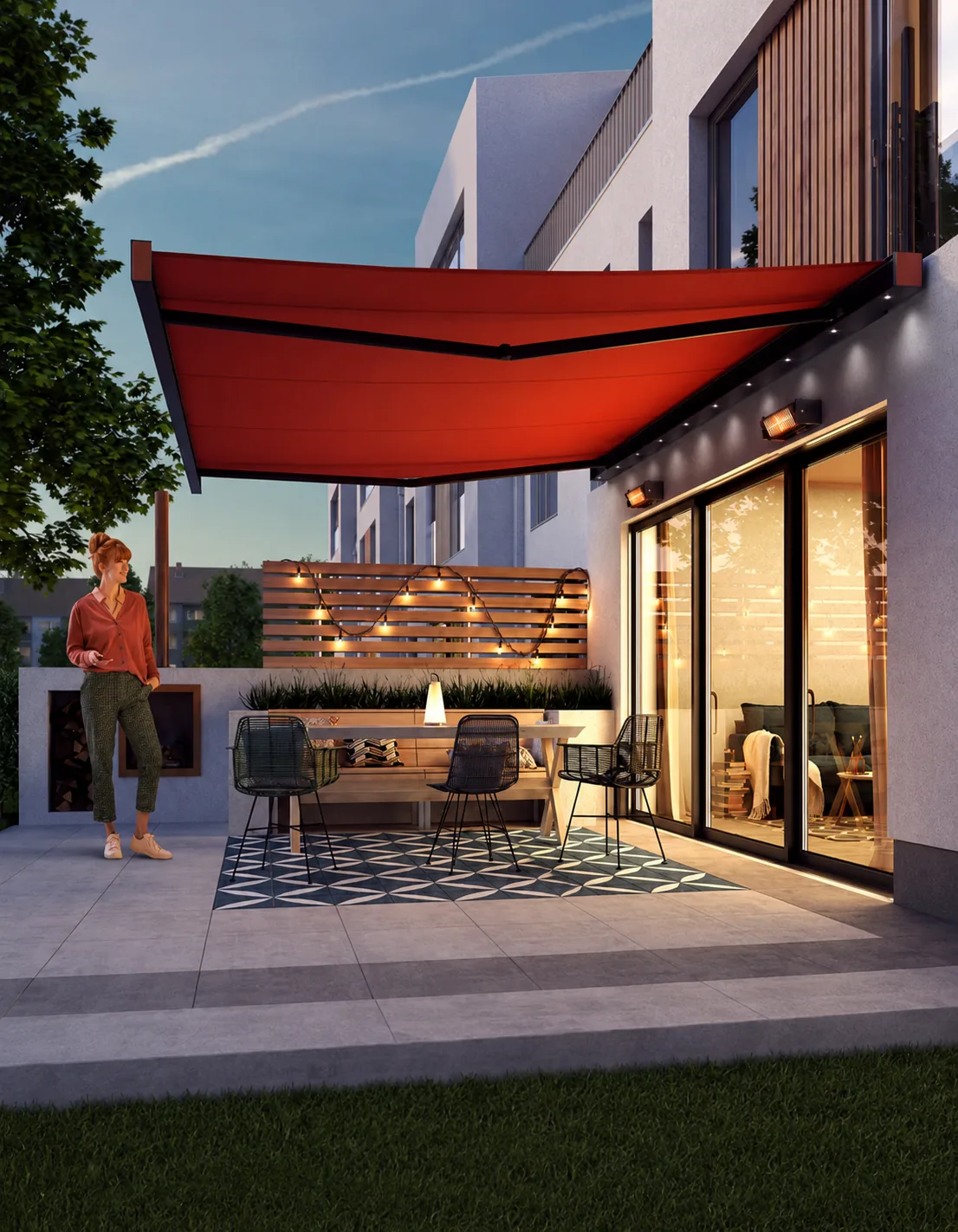 Full cassette patio awning extended over garden terrace
