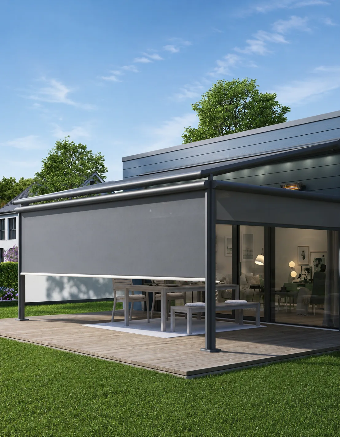 Pergola awning with support posts over dining terrace