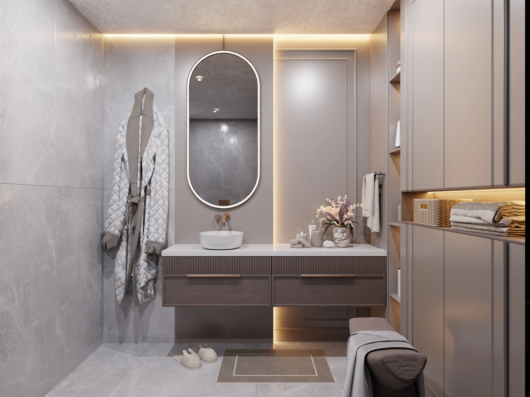Wall-hung vanity with an illuminated oval bathroom mirror