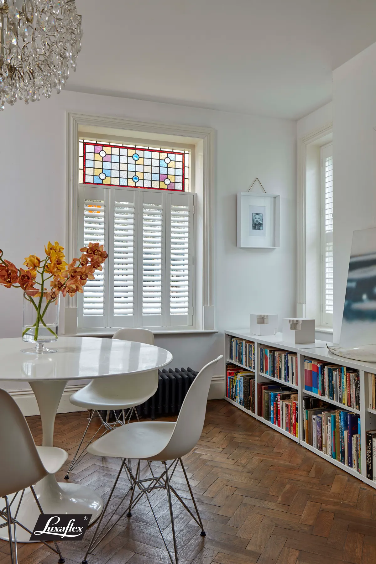 Luxaflex plantation shutters fitted in a bay window