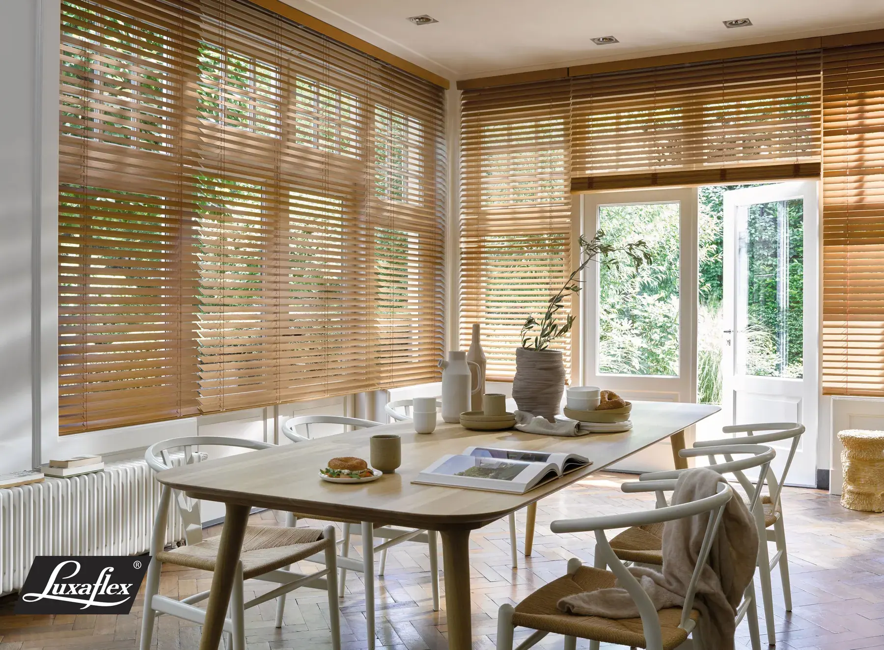 Luxaflex wooden blinds in a living room