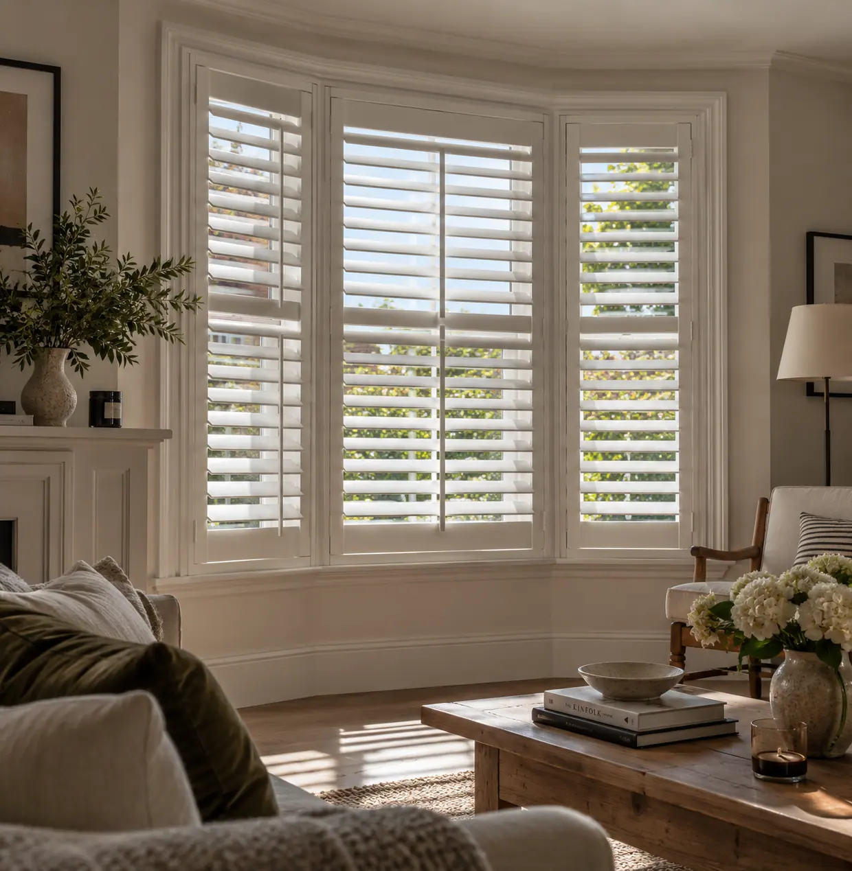 White plantation shutters fitted across a living-room bay window