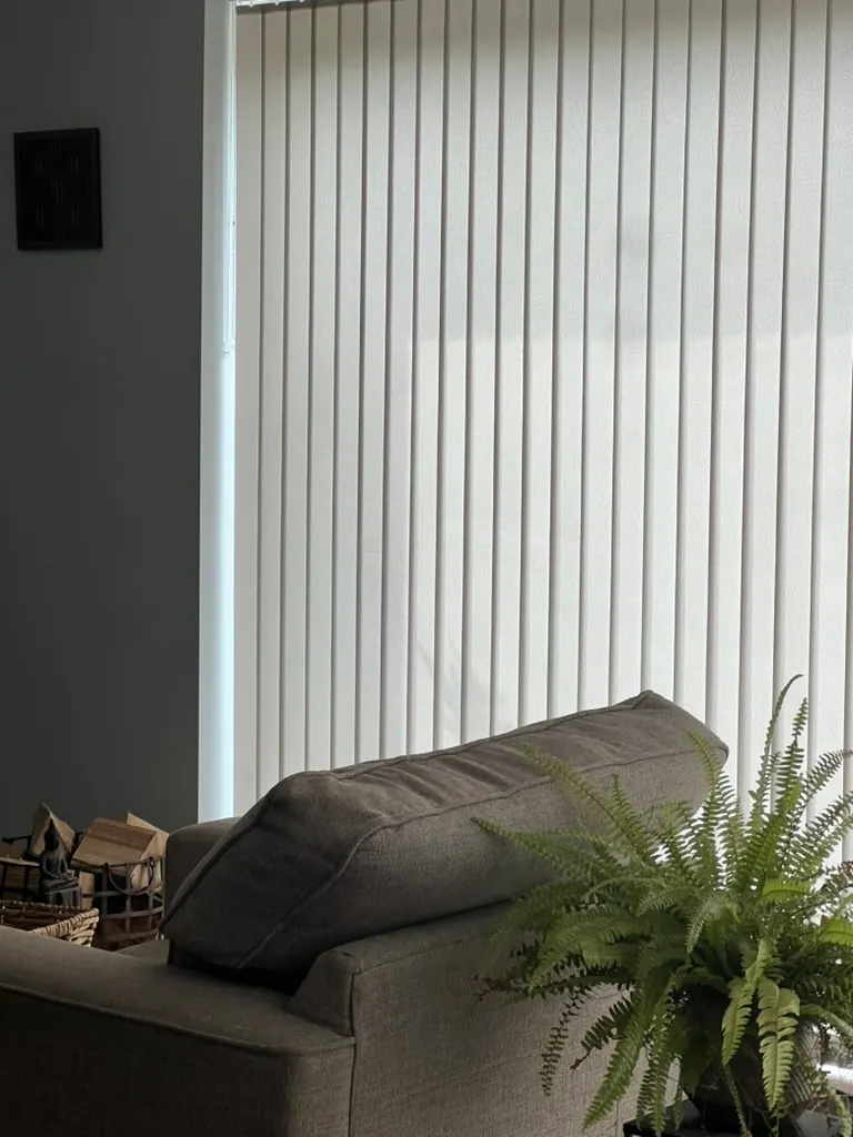 Cream vertical blinds across a living-room window