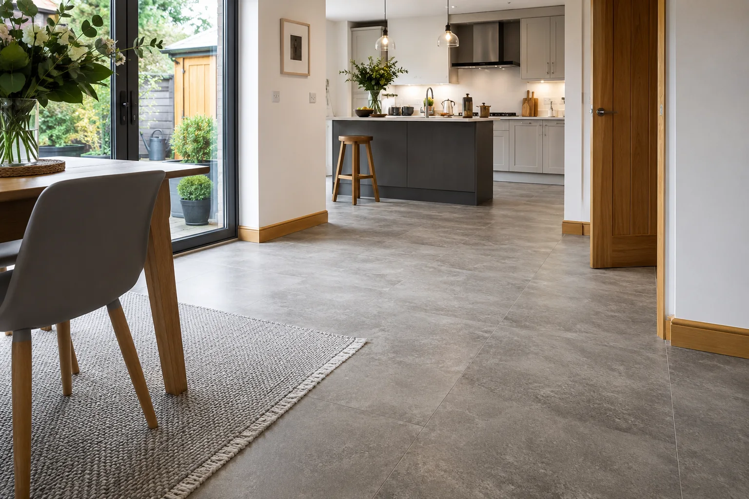 Stone-effect flooring across an open-plan kitchen and dining space