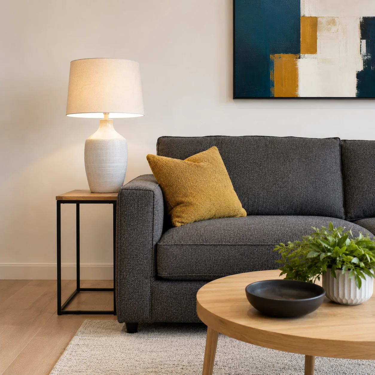 Sofa, lamp, cushion and coffee table in a furnished living room
