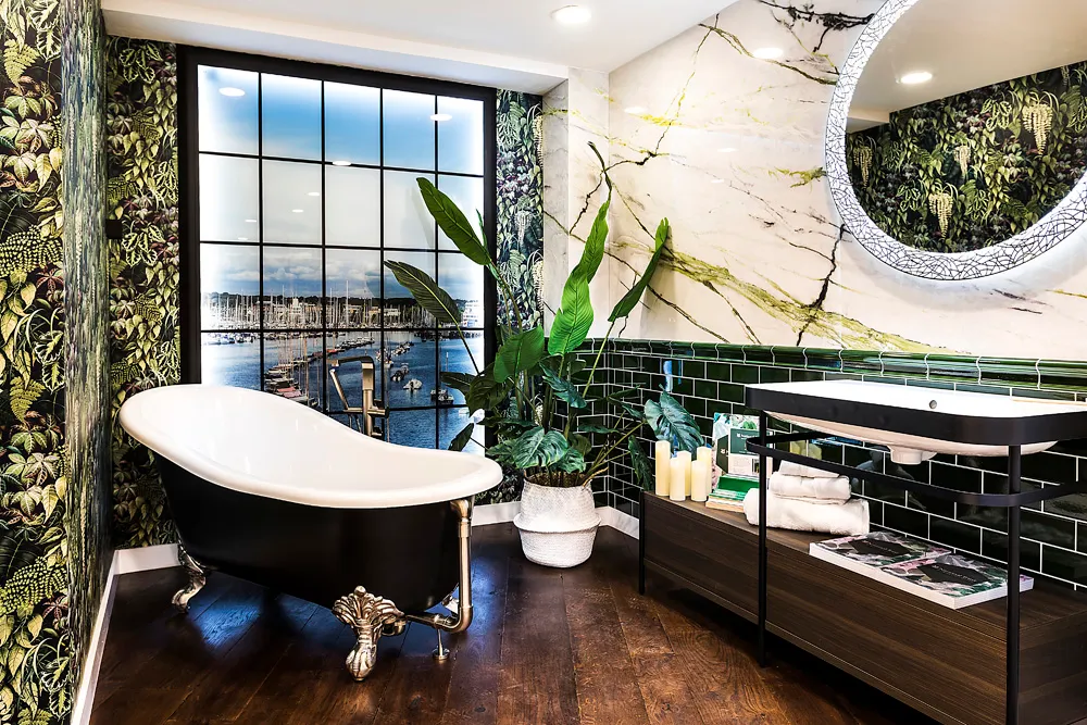 Elegant bathroom vanity, custom tiling, and brassware display in Lymington