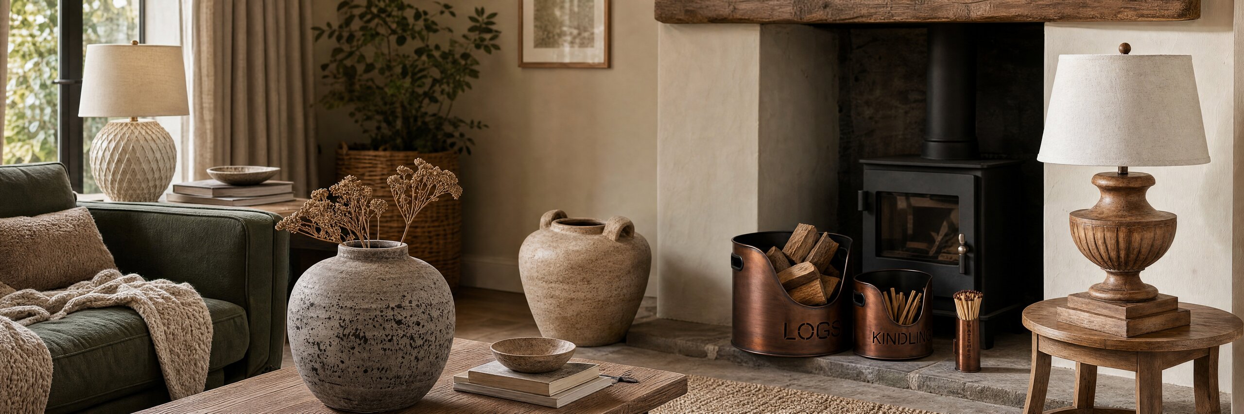 Living room scene with lamps, ceramics and fireside accessories from the online store