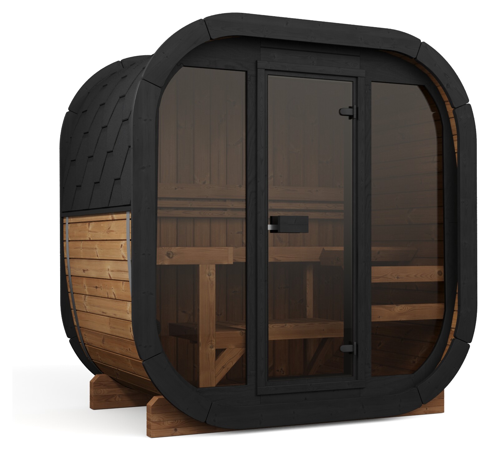 Estwood Ember 160 outdoor sauna with full glass front, three-quarter view