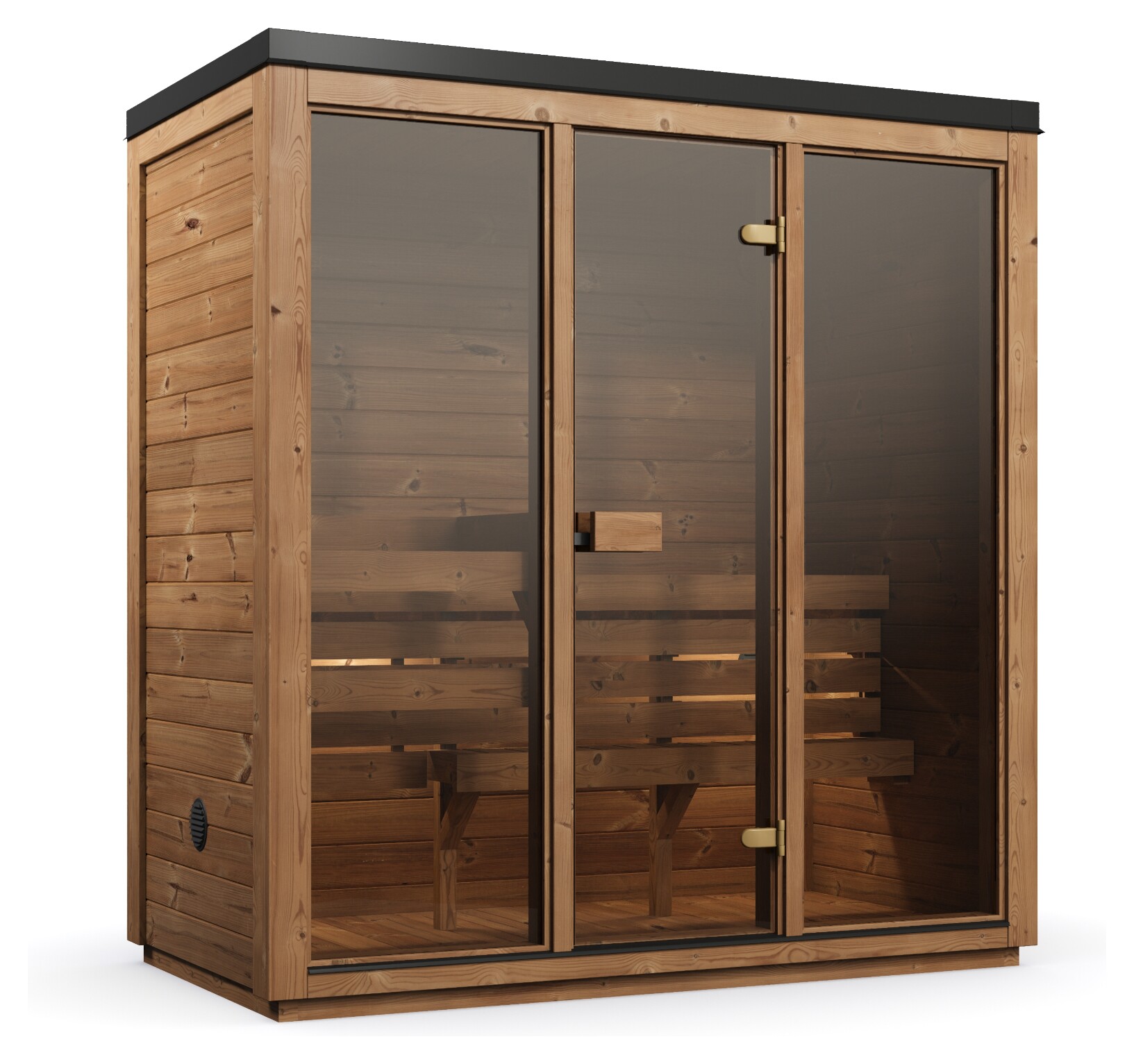 Estwood Glen S cube sauna with glass doors, three-quarter view