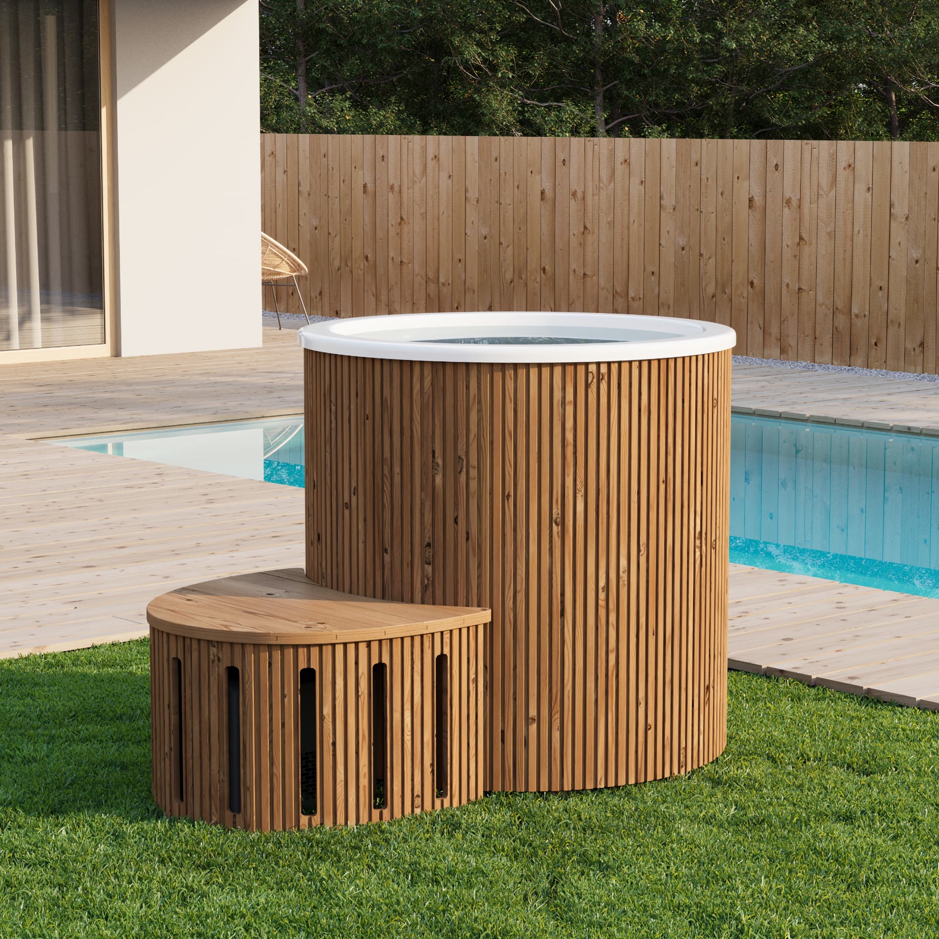 Estwood thermowood ice bath with insulated cover in an outdoor setting