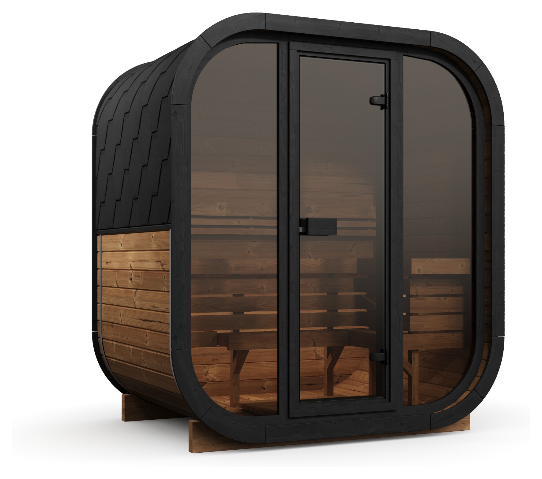 Estwood Lund cube sauna with glass front, three-quarter view
