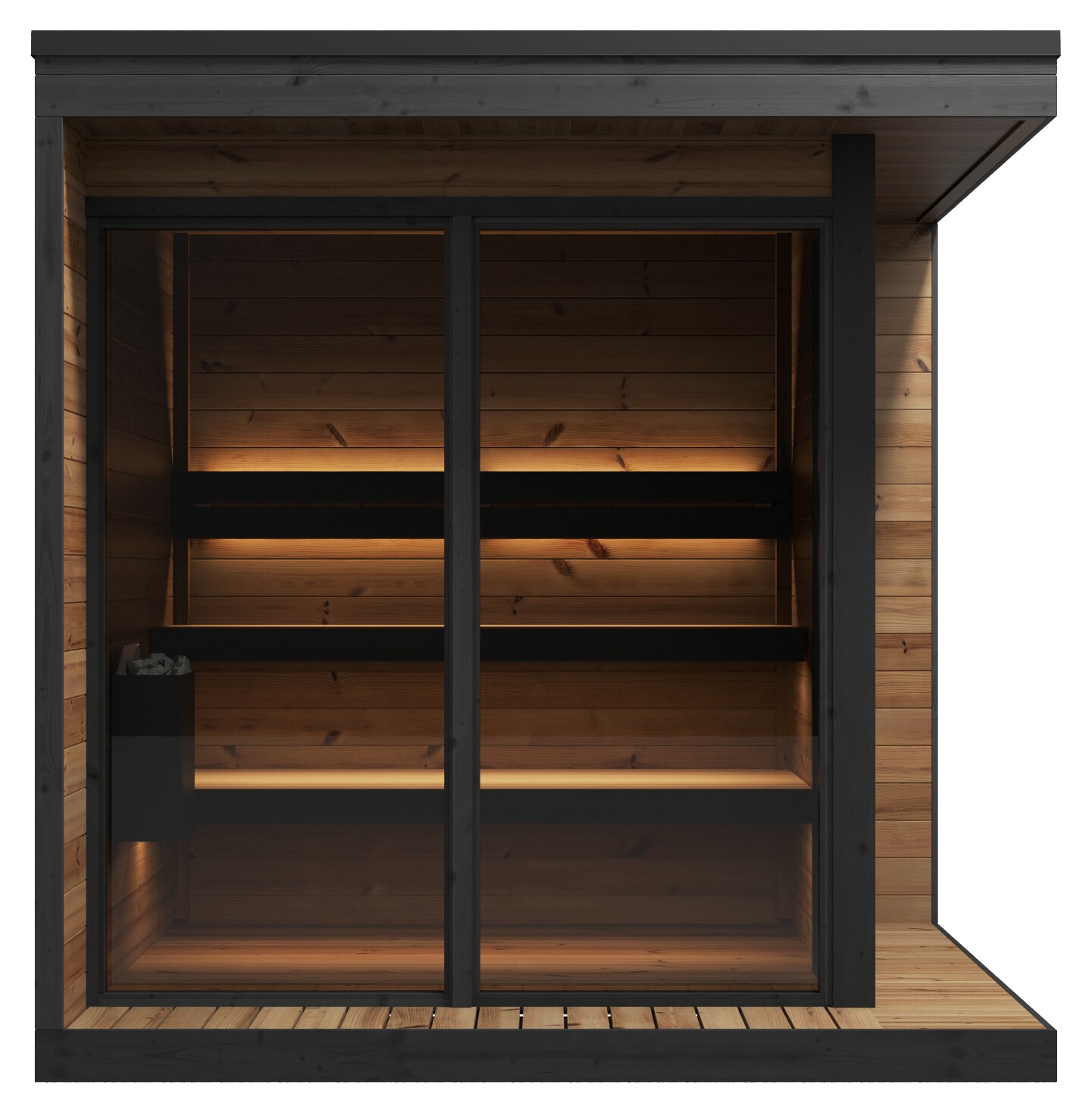 Estwood Pod L larger thermowood sauna pod with lit interior, front view