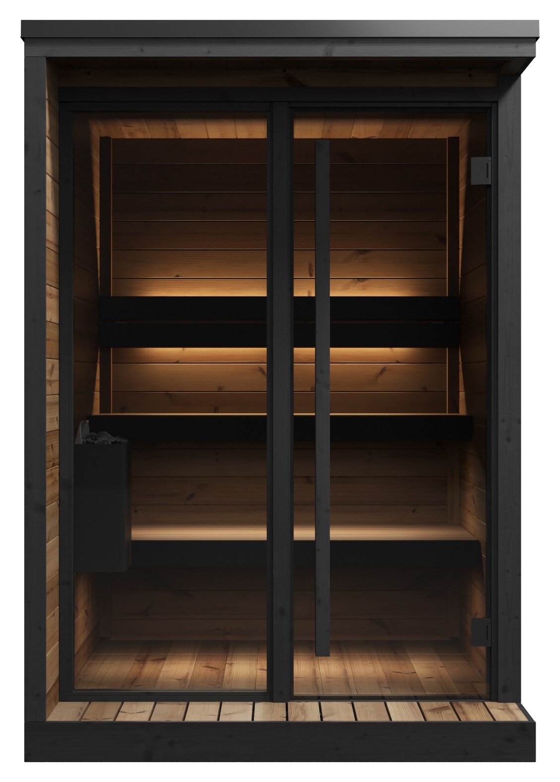 Estwood Pod S thermowood sauna pod with lit interior, front view