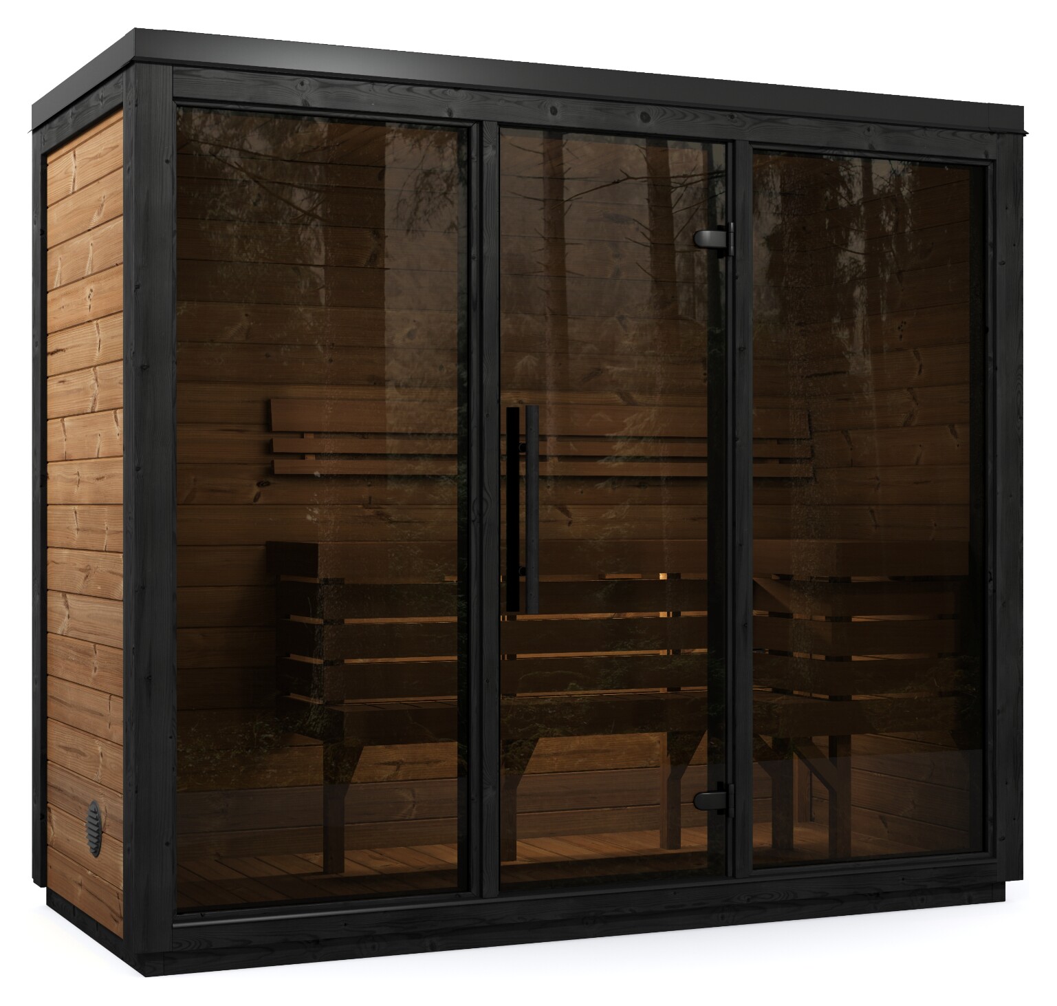 Estwood Rowan S terrace sauna with angular roof, three-quarter view