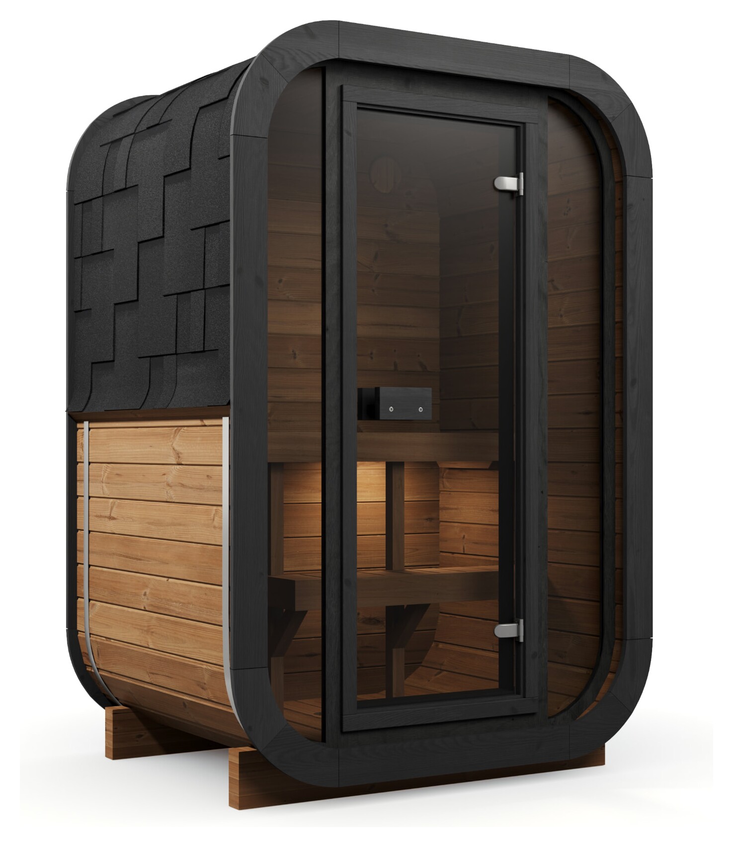 Estwood Solace compact outdoor thermowood sauna, three-quarter view