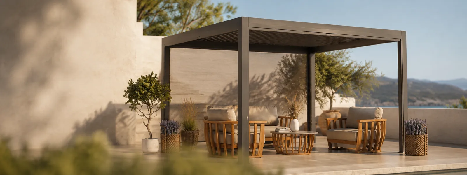 Dark louvred pergola with outdoor seating on a sunlit patio