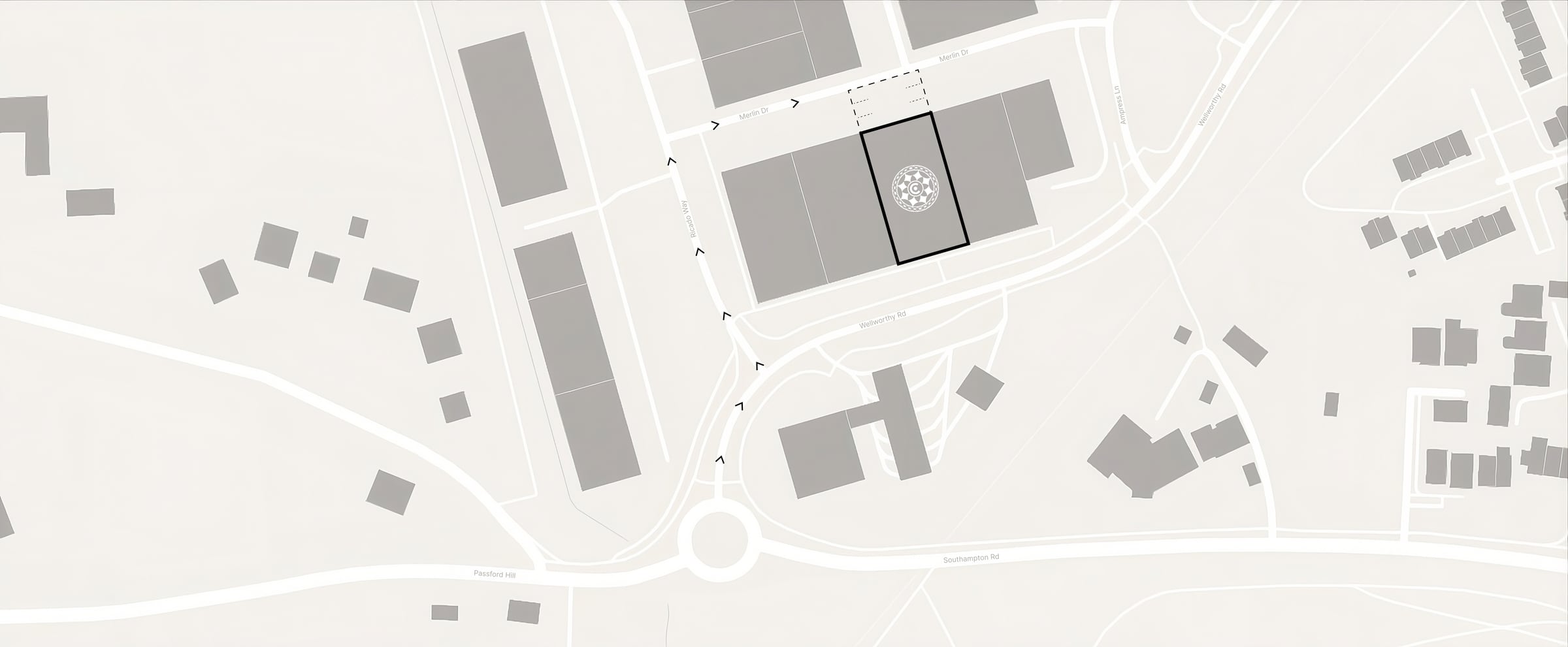 Simplified map of Ampress Park with Southampton Road, Wellworthy Road, Ricardo Way, Merlin Drive and Bentley Way